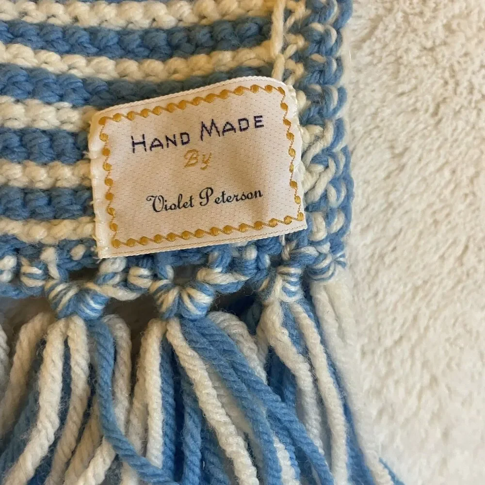 Handmade Crocheted Granny Square Bird Afghan Throw Lap Blanket Blue Cream 46x64”